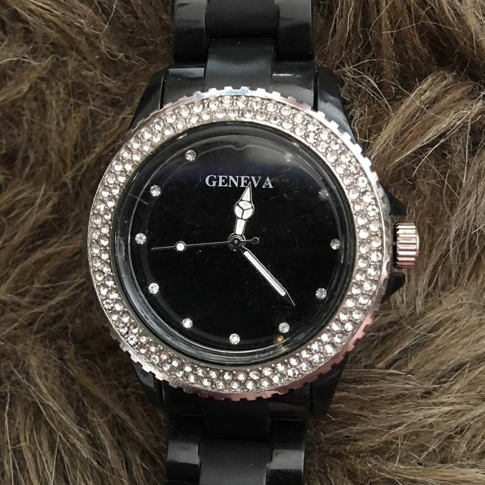 Ladies Geneva black plastic band rhinestone watch